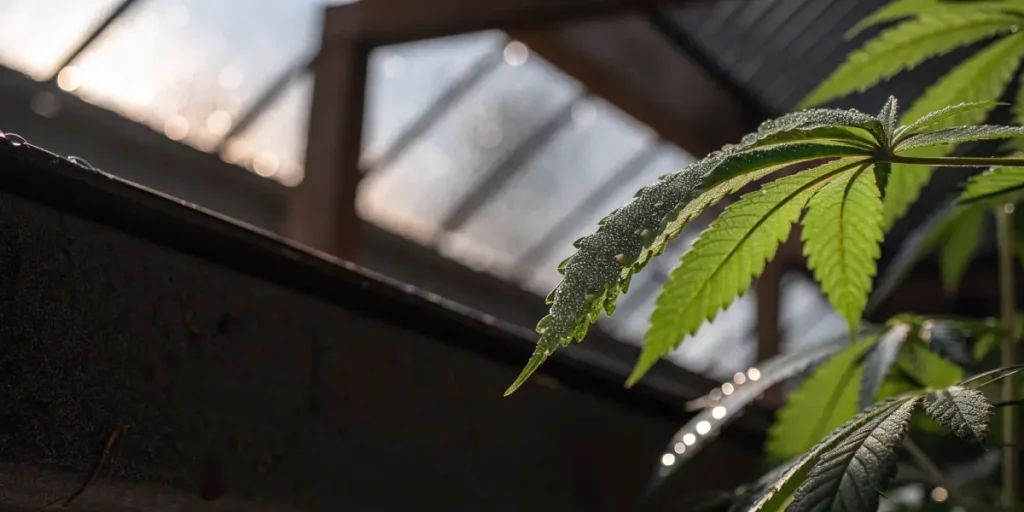 Cannabis leaf covered in moisture under greenhouse light.