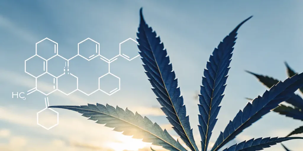 Cannabis leaf with THC molecular structure overlay against blue sky.