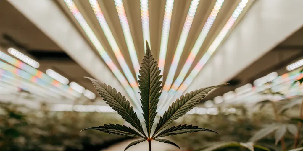 Close-up view of a cannabis leaf under LED grow lights.
