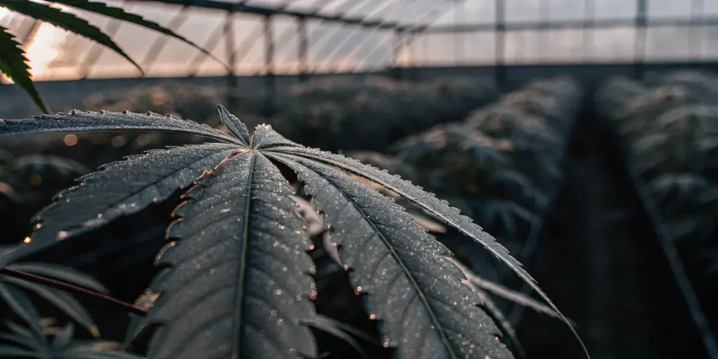 Cannabis leaf covered in morning dew inside a greenhouse.