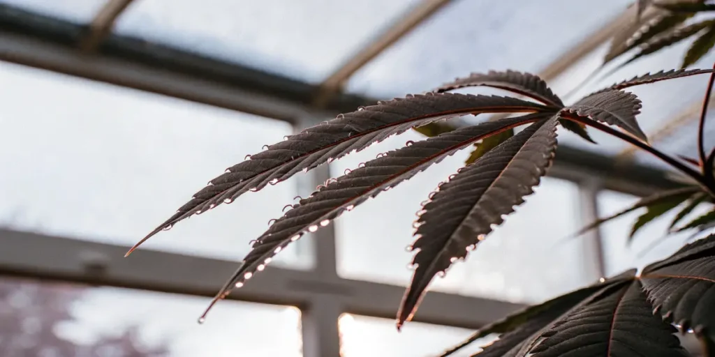 Close-up of a cannabis leaf with dewdrops inside a greenhouse under natural light.