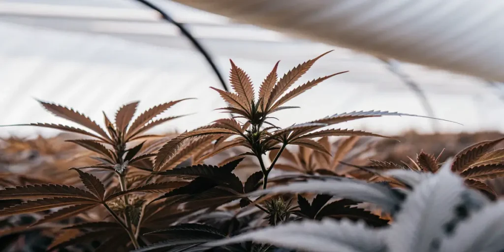 Close-up of cannabis leaf surface with tiny water droplets