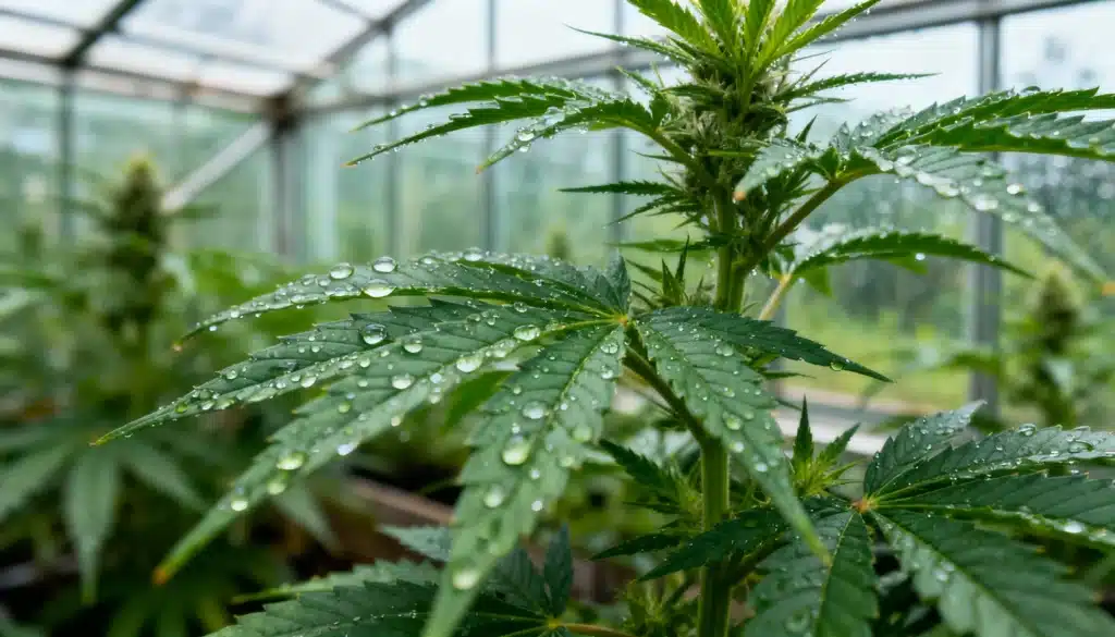 Cannabis leaf with water droplets inside a greenhouse.