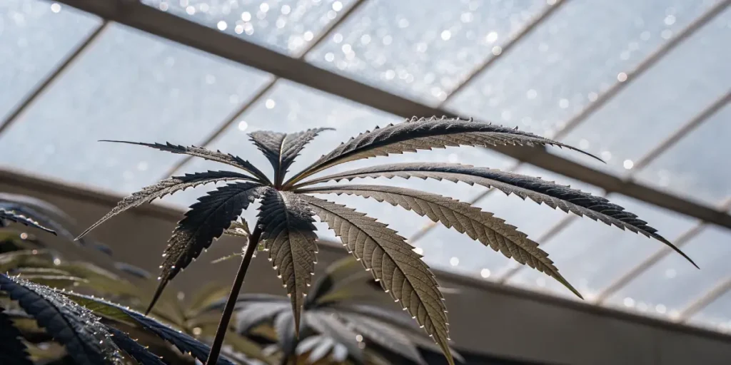Close-up of a cannabis leaf with water droplets inside a bright greenhouse.