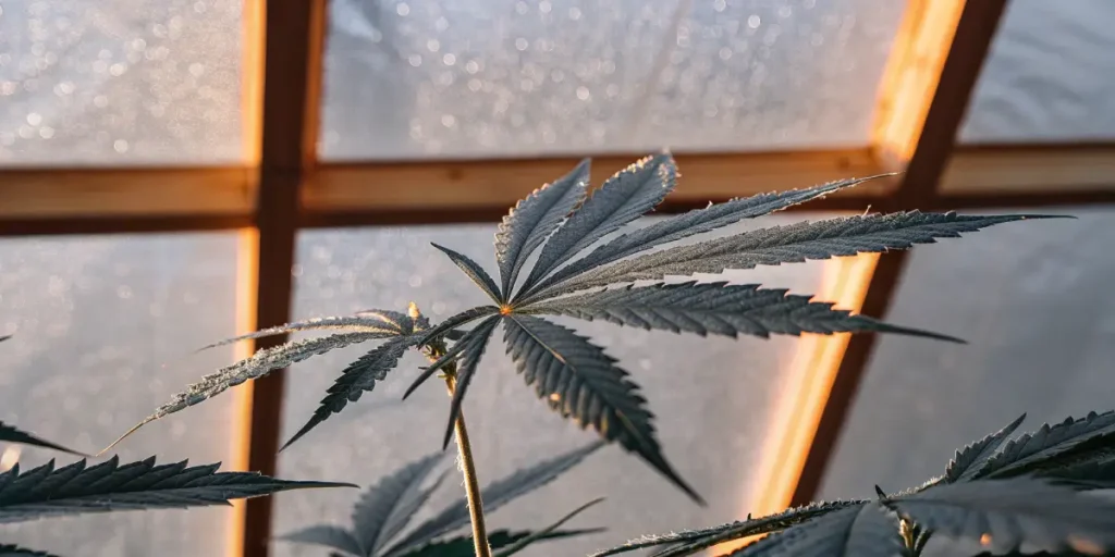 Cannabis leaves inside a greenhouse illuminated by natural sunlight.