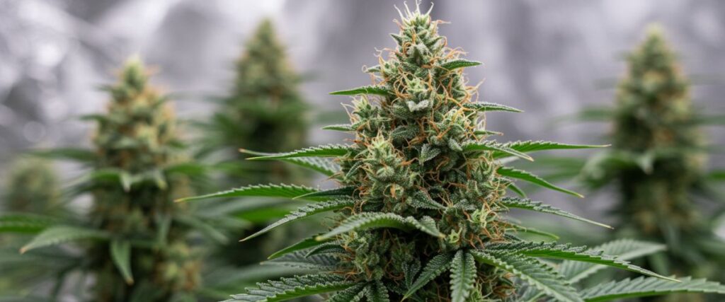 Mature cannabis bud macro with dense trichomes and orange pistils.