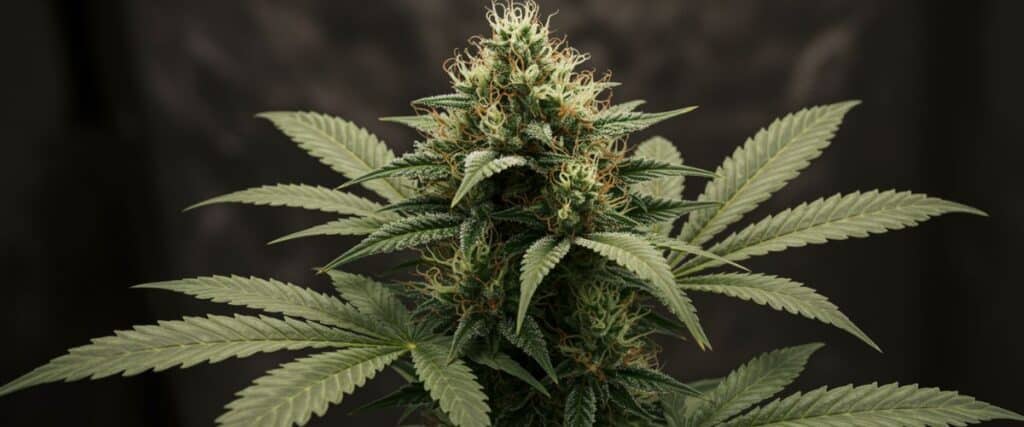 Cannabis mature cola with dense trichomes and orange pistils.