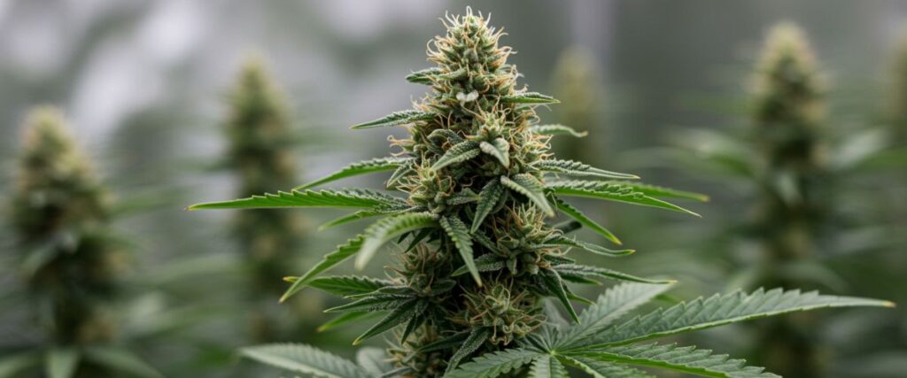Mature cannabis cola with dense trichomes and orange pistils.