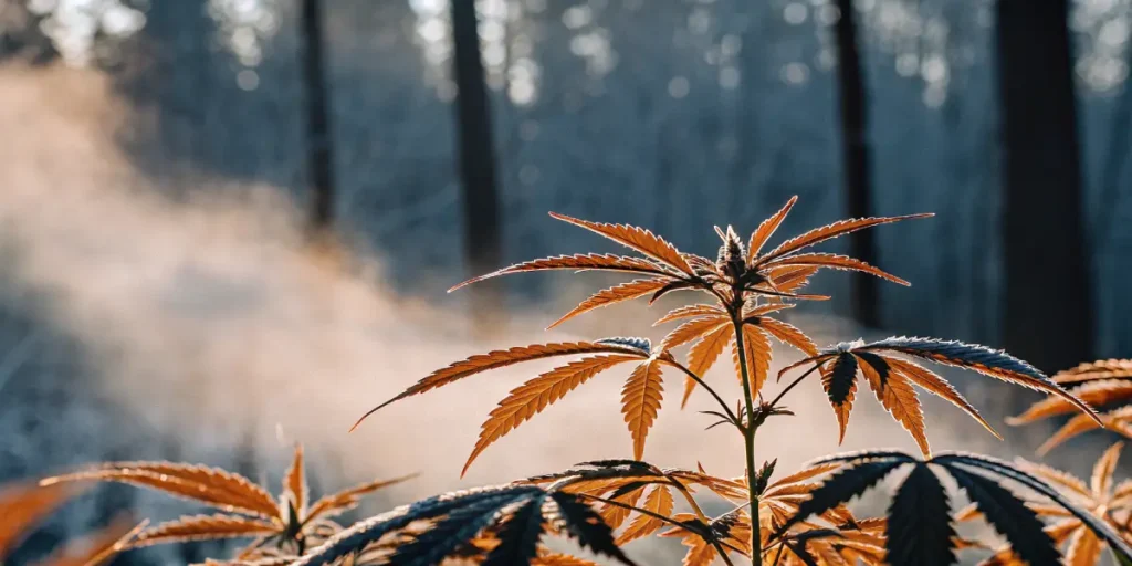 Cannabis plant with orange leaves in a forest setting during autumn.