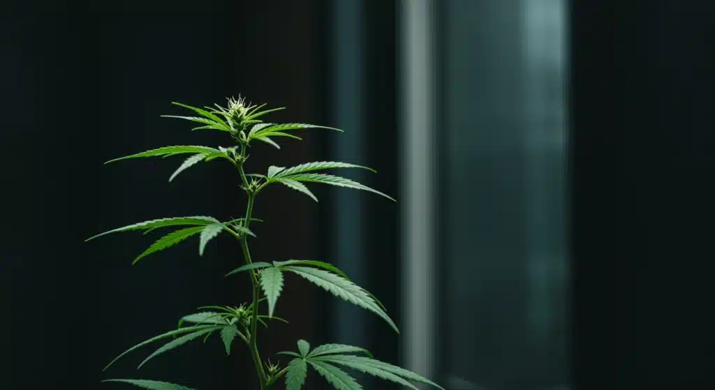 Cannabis plant closeup with developing bud in dark lab setting.