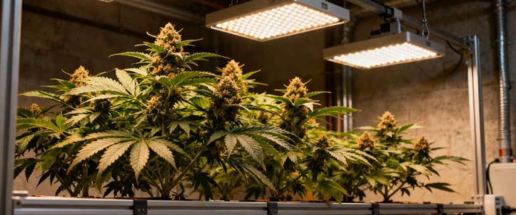 Cannabis plant with colorful maturing leaves in an indoor grow.