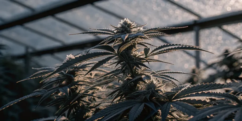 Flowering cannabis plant in a greenhouse under natural light.