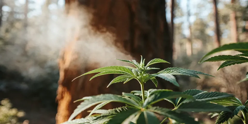 Cannabis plant in a forest with mist rising in the background.