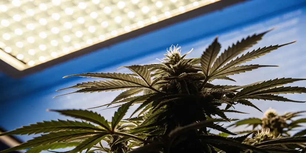 cannabis plant under full-spectrum LED lighting in an indoor grow room