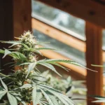 Close-up of a cannabis plant in a greenhouse under natural sunlight.