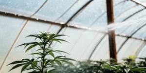 Cannabis plant in greenhouse with water mist spraying under sunlight.