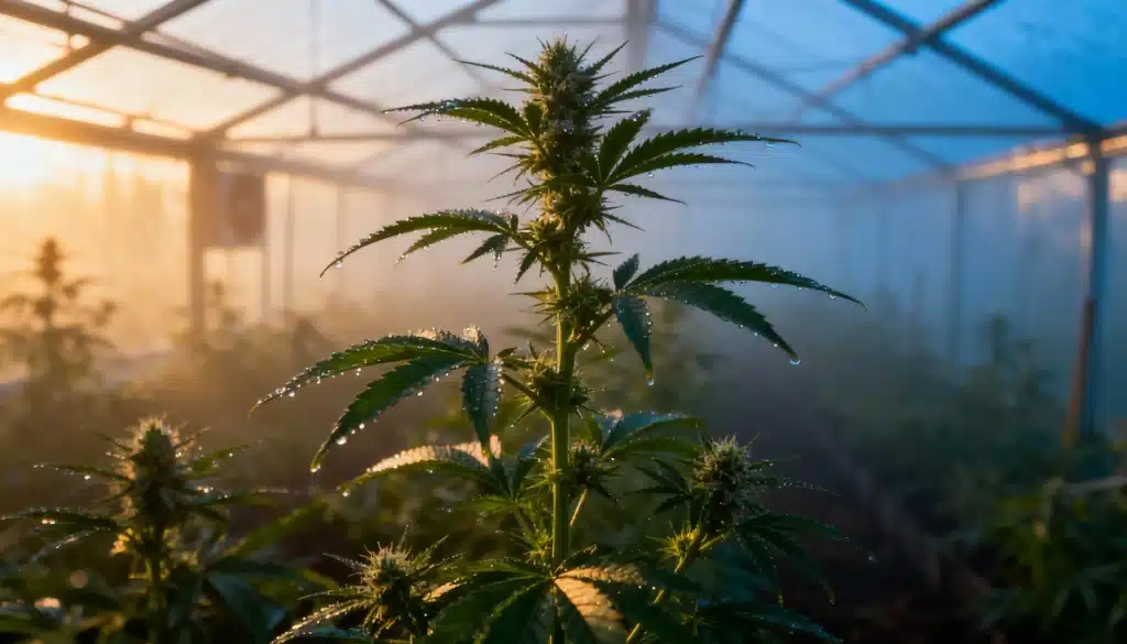 Cannabis-plant-greenhouse-morning-dew with wet leaves in soft sunrise light.