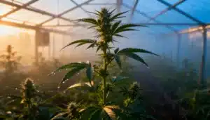 Cannabis-plant-greenhouse-morning-dew with wet leaves in soft sunrise light.