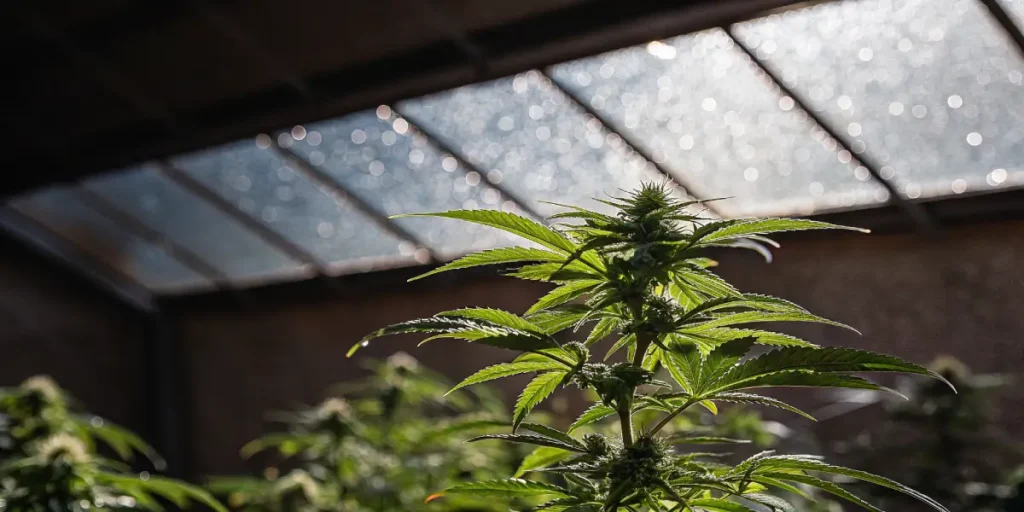 Cannabis plant growing under natural sunlight inside a greenhouse.