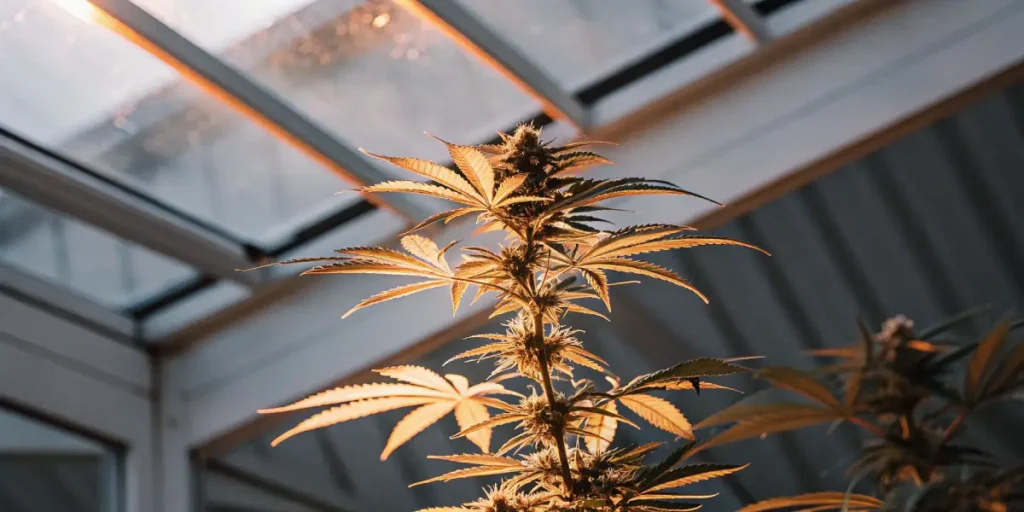 Cannabis plant illuminated by HPS lighting inside a greenhouse grow room.