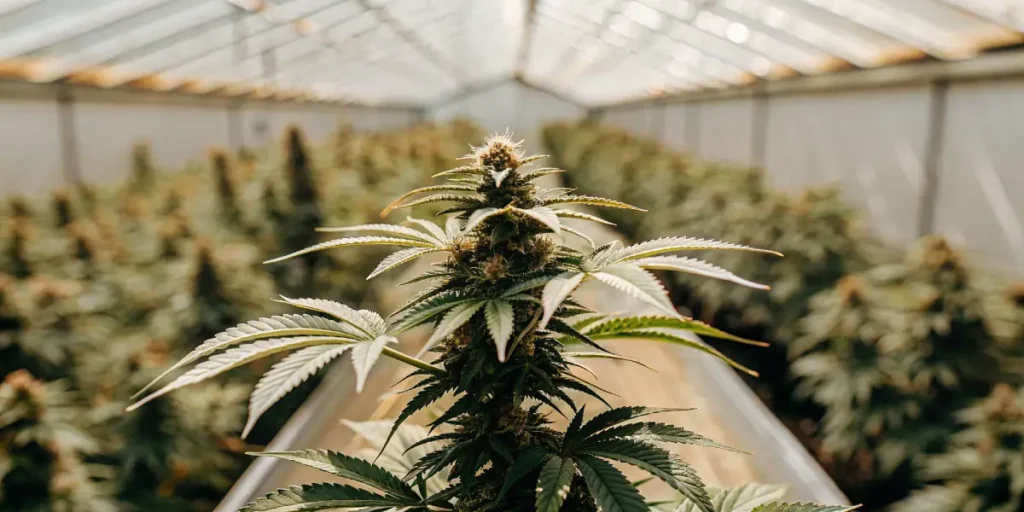 Cannabis plant in vegetative stage inside a greenhouse.
