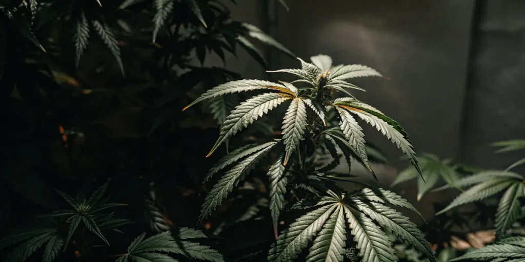 Cannabis plant with green serrated leaves under indoor grow light.