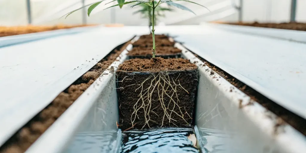 Cannabis plant root system exposed in soil within a greenhouse irrigation channel.
