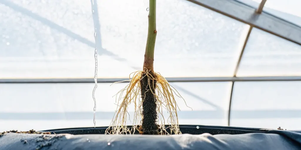 Close-up view of cannabis plant roots exposed in a hydroponic system inside a greenhouse.