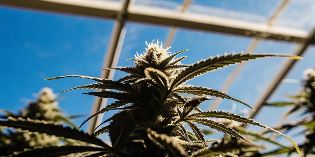 Cannabis plant photographed from below in a greenhouse with blue sky.