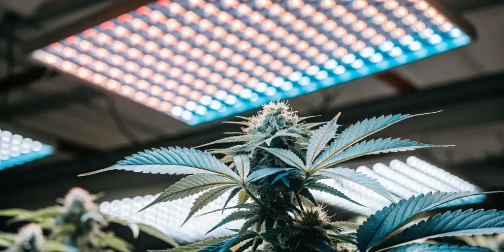 Close-up of a cannabis plant growing under LED grow lights indoors