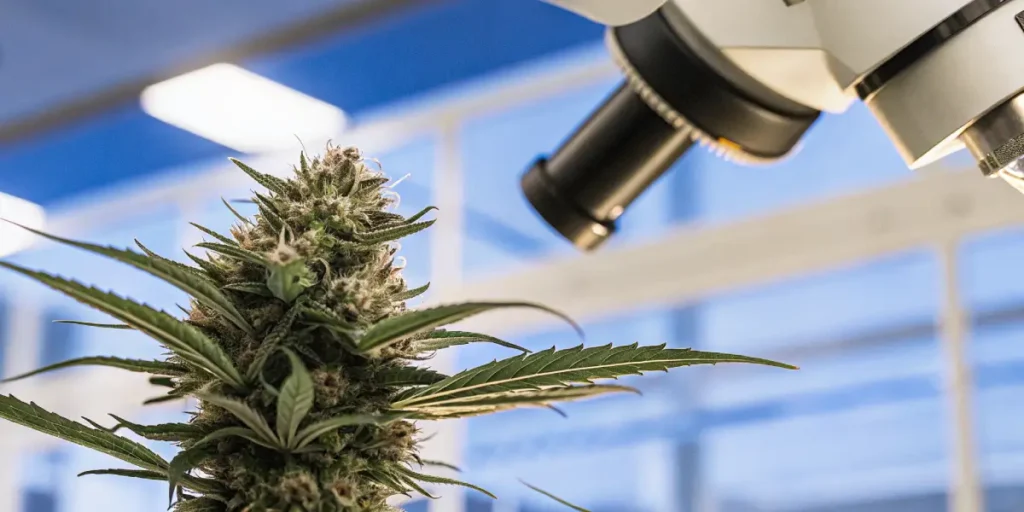 Close-up of cannabis plant under microscope for trichome analysis