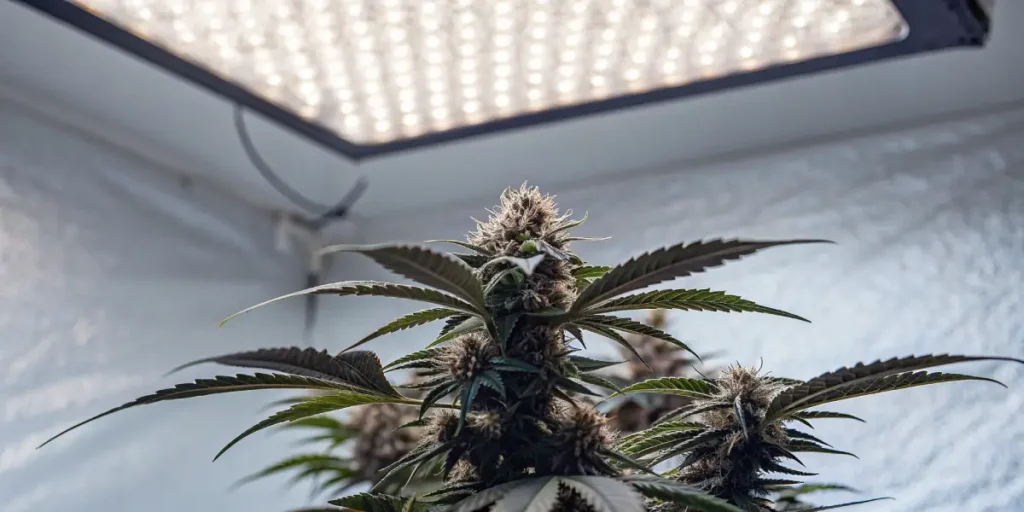Close-up of a cannabis plant flowering under strong white LED grow lights in an indoor setup.