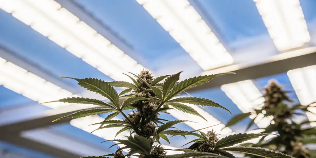 Close-up of a cannabis plant growing under bright white spectrum grow lights in an indoor setup.
