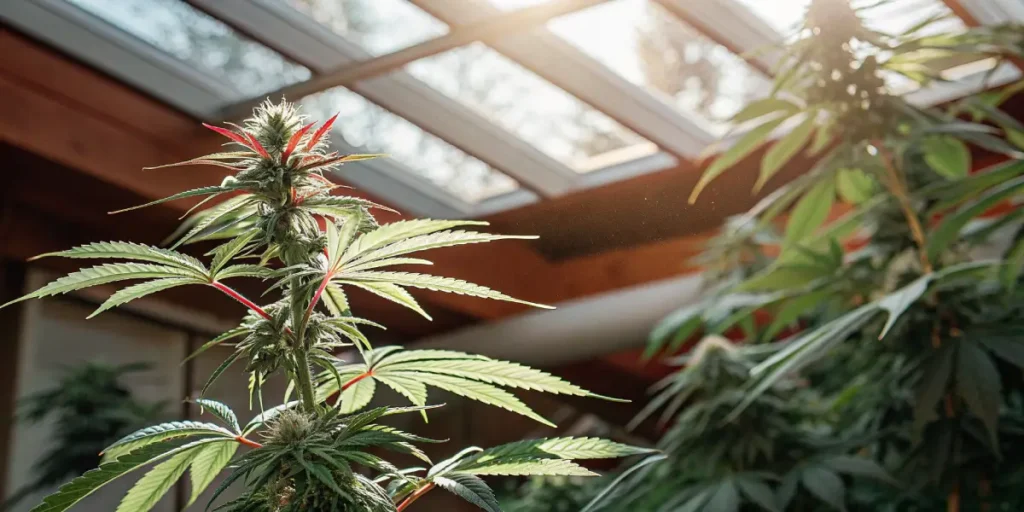 Cannabis plant with red stems and buds under sunlight streaming through a greenhouse roof.