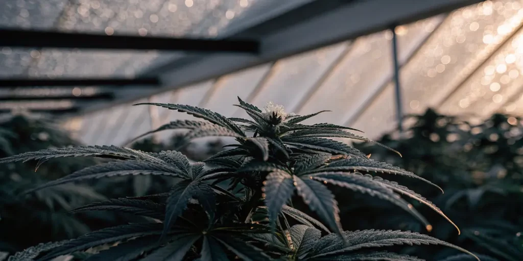 Cannabis plant glistening with water droplets under soft natural sunlight inside a greenhouse.