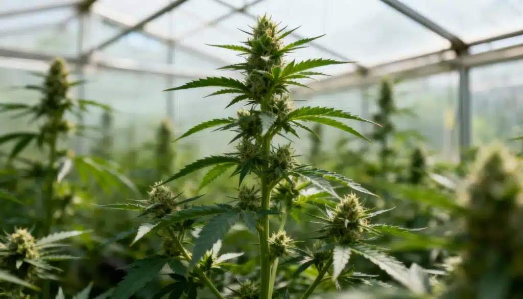 Flowering cannabis plants growing inside a sunlit greenhouse.