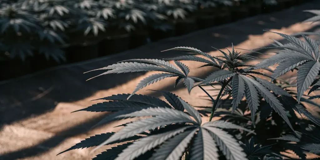 Cannabis plants with wide green leaves thriving in rows inside a greenhouse.