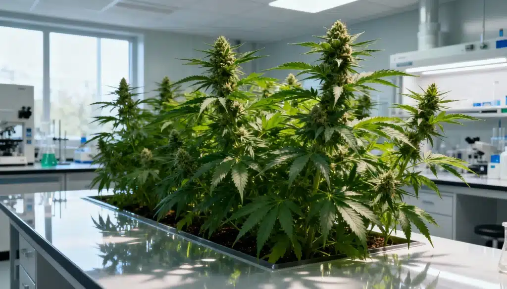 Cannabis plants growing in a laboratory with healthy buds and bright light.
