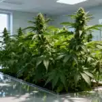 Cannabis plants growing in a laboratory with healthy buds and bright light.