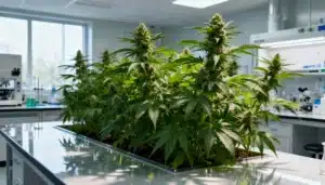Cannabis plants growing in a laboratory with healthy buds and bright light.