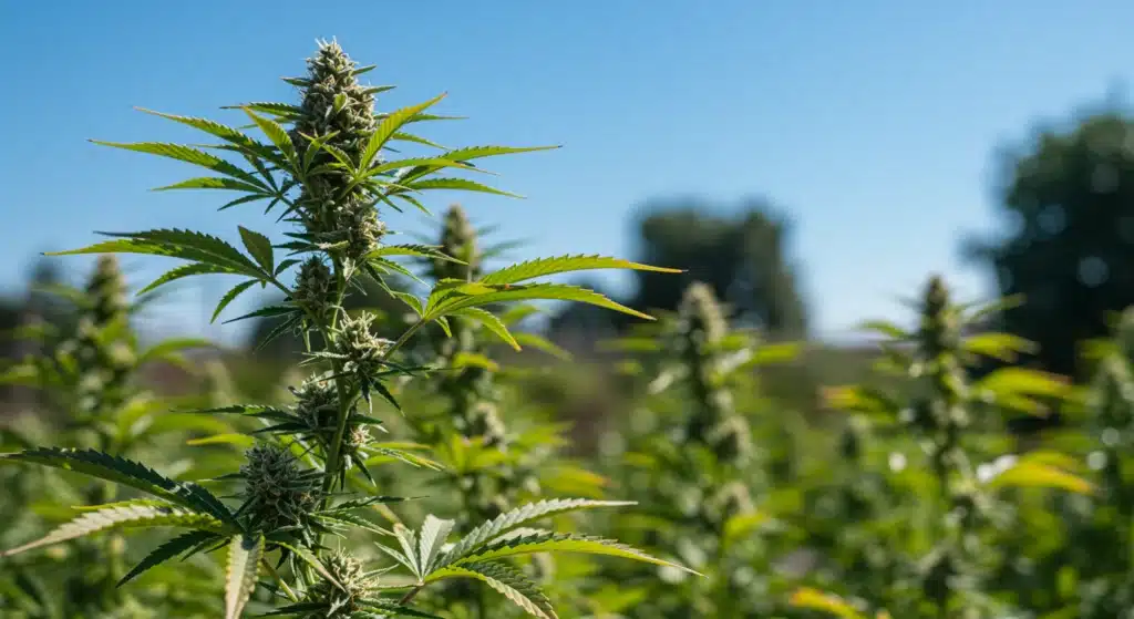 Cannabis-plants-outdoor-blue-sky with tall green plants and developing buds.
