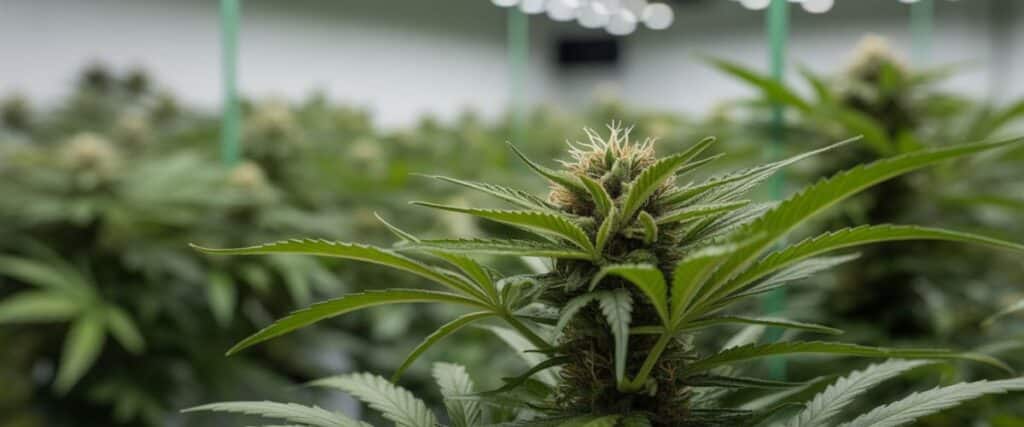 Cannabis plant sunlit through large windows with dewdrops on leaves.