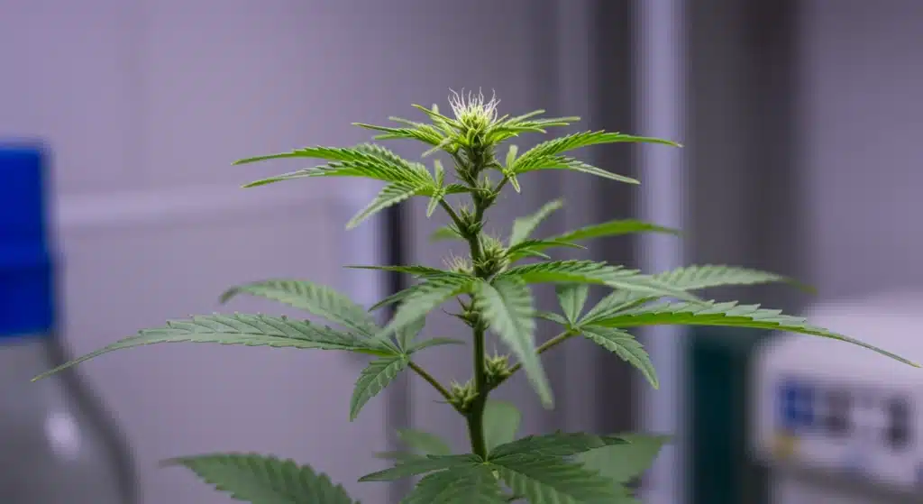 Cannabis preflower closeup with emerging pistils in lab setting.