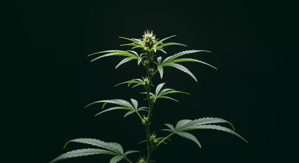 Preflowering cannabis plant with early bud formation on dark background.