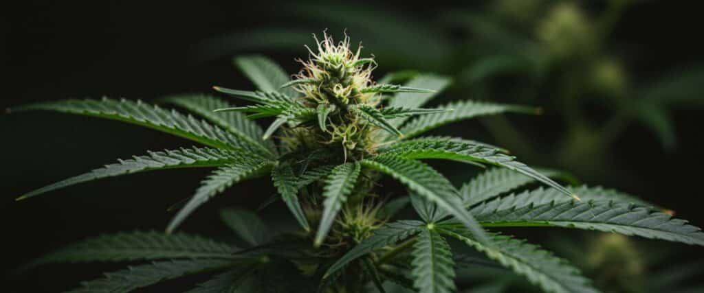 Cannabis preflowering cola with emerging pistils and sharp leaves.