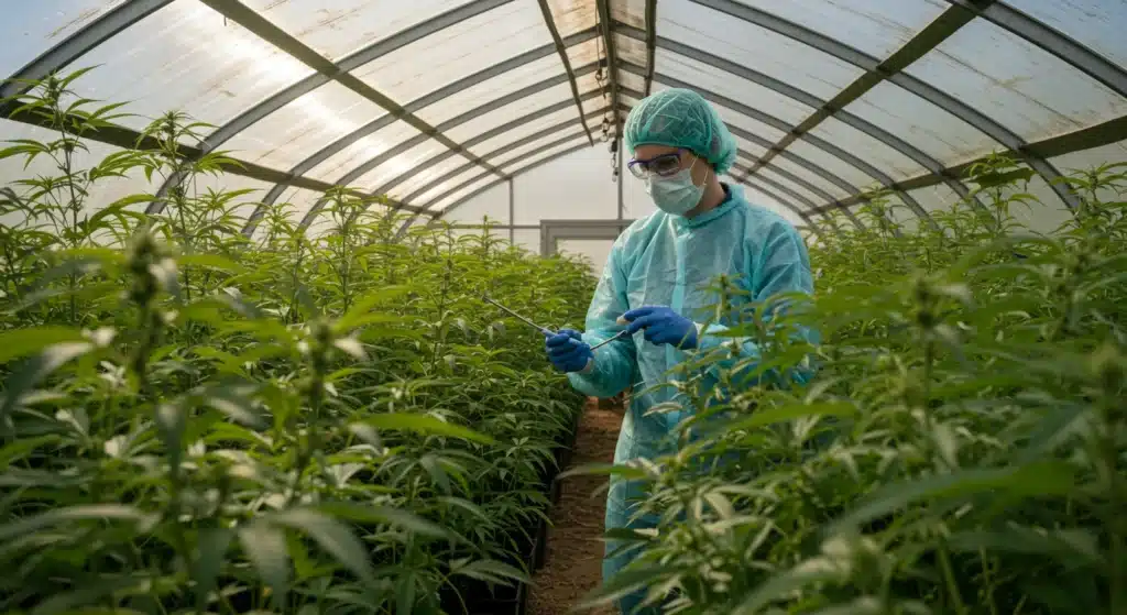 Researcher inspecting cannabis plants in greenhouse wearing protective gear.