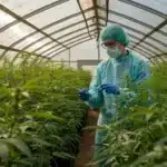 Researcher inspecting cannabis plants in greenhouse wearing protective gear.