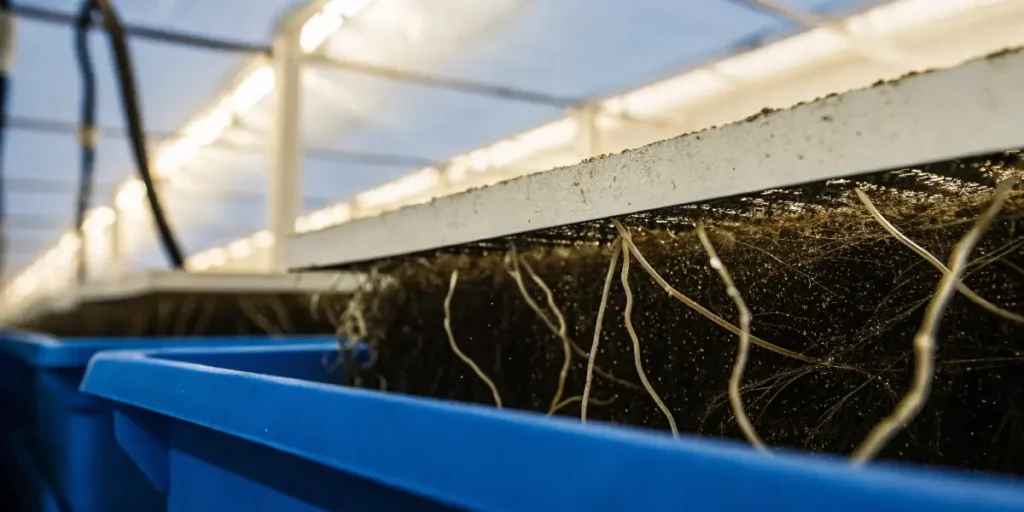 Macro shot of cannabis roots submerged in a hydroponic nutrient system.