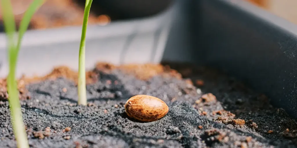 Cannabis seed on soil with young sprouts growing nearby.