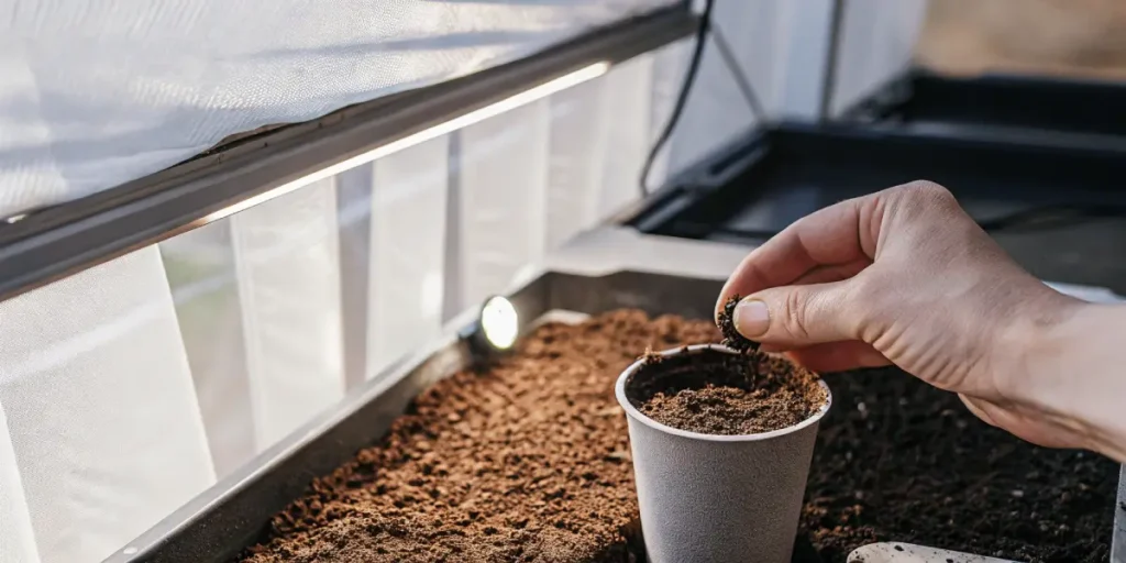 Hand placing a cannabis seed into soil inside a small pot under grow lights.